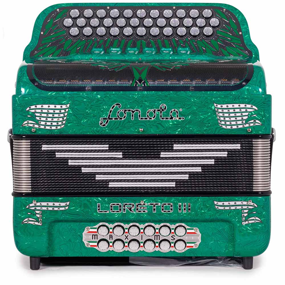 Sonola Loreto III Accordion 6 Switch FA-SOL Celluloid  Green Waves with Silver